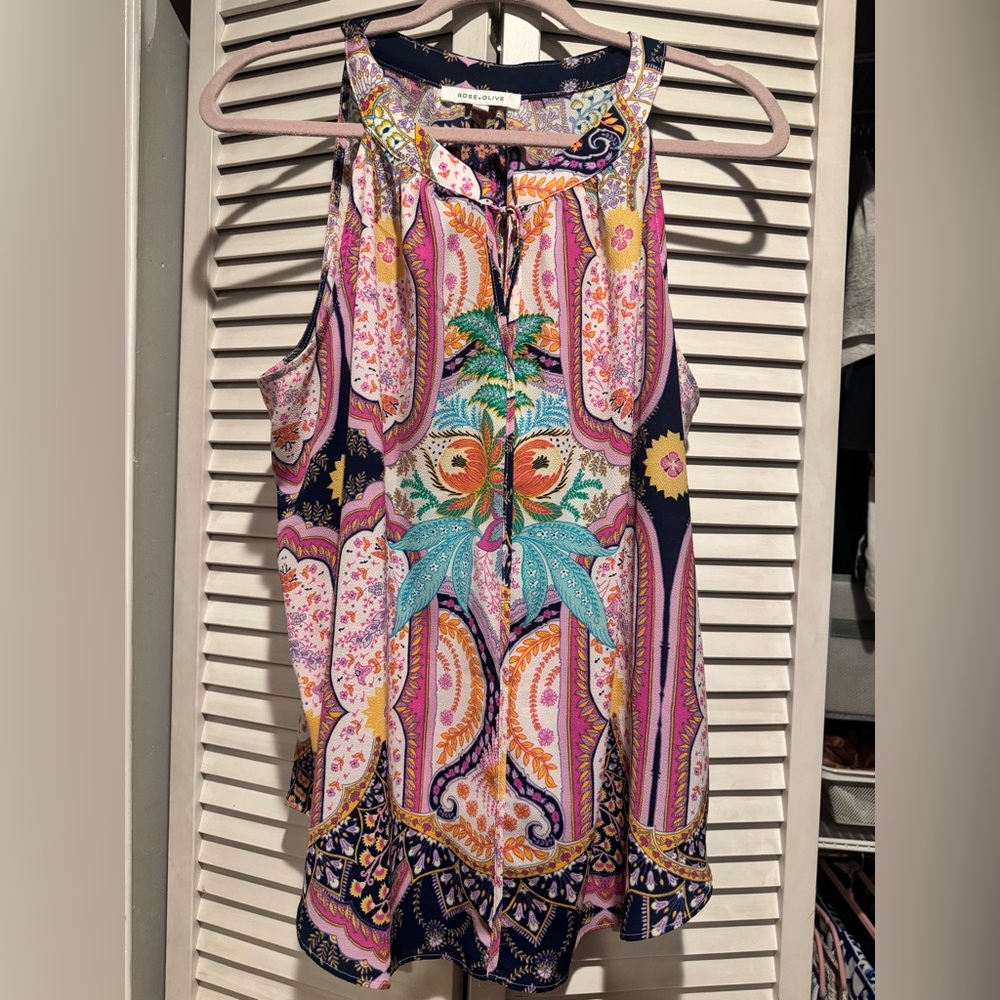 Colorful Paisley Sleeveless Top Rose + Olive